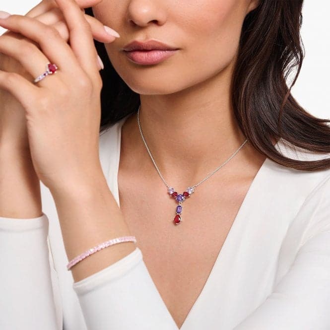 Sterling Silver Red Violet And Pink Zirconia Stones Y - Shape Necklace KE2195 - 477 - 7 - L45VThomas Sabo Sterling SilverKE2195 - 477 - 7