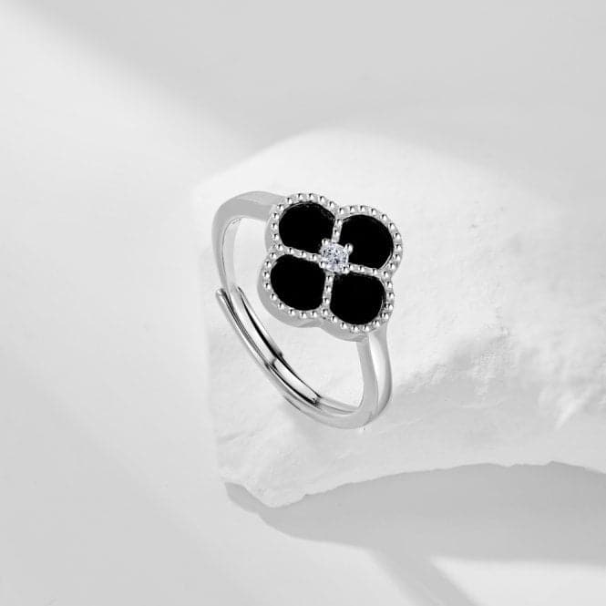 Sterling Silver Rhodium Plated Adjustable Black Lucky 4 Leaf Ring ERLR007Ellie Rose LondonERLR007