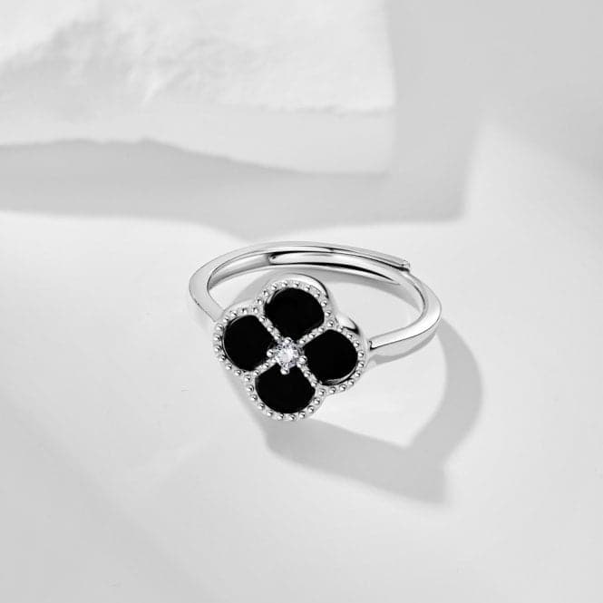 Sterling Silver Rhodium Plated Adjustable Black Lucky 4 Leaf Ring ERLR007Ellie Rose LondonERLR007