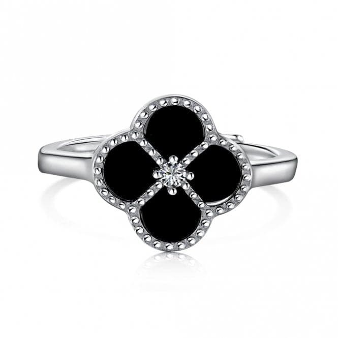 Sterling Silver Rhodium Plated Adjustable Black Lucky 4 Leaf Ring ERLR007Ellie Rose LondonERLR007