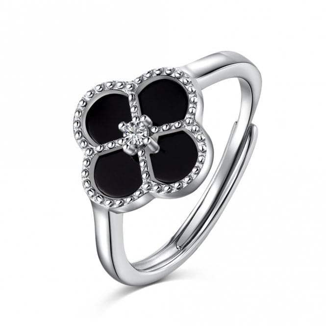 Sterling Silver Rhodium Plated Adjustable Black Lucky 4 Leaf Ring ERLR007Ellie Rose LondonERLR007