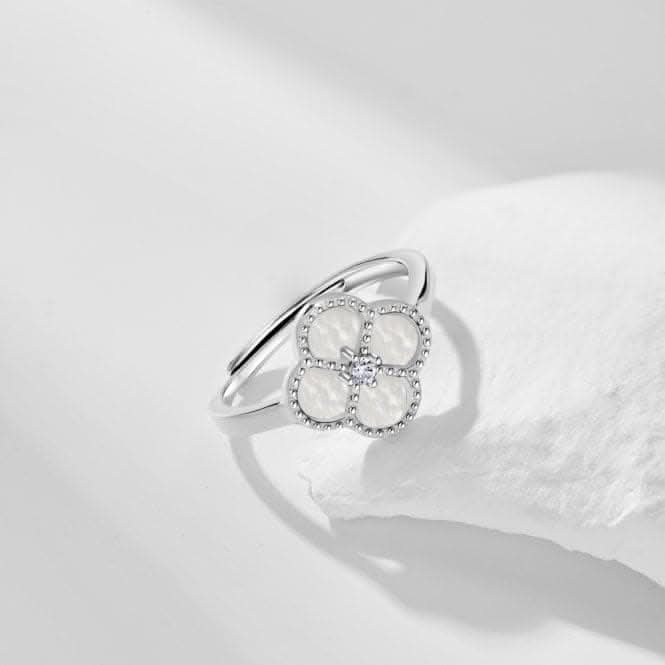 Sterling Silver Rhodium Plated Adjustable White Lucky 4 Leaf Ring ERLR008Ellie Rose LondonERLR008