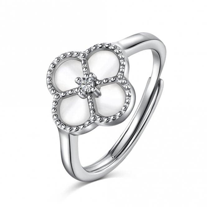 Sterling Silver Rhodium Plated Adjustable White Lucky 4 Leaf Ring ERLR008Ellie Rose LondonERLR008