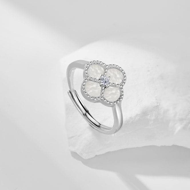 Sterling Silver Rhodium Plated Adjustable White Lucky 4 Leaf Ring ERLR008Ellie Rose LondonERLR008