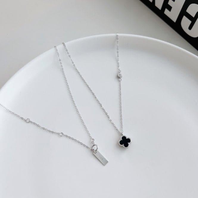 Sterling Silver Rhodium Plated Black Lucky 4 Leaf Necklace ERLN033Ellie Rose LondonERLN033