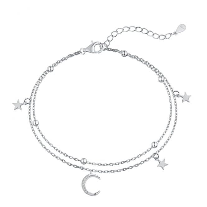 Sterling Silver Rhodium Plated Moon And Stars Charm Bracelet ERLB019Ellie Rose LondonERLB019