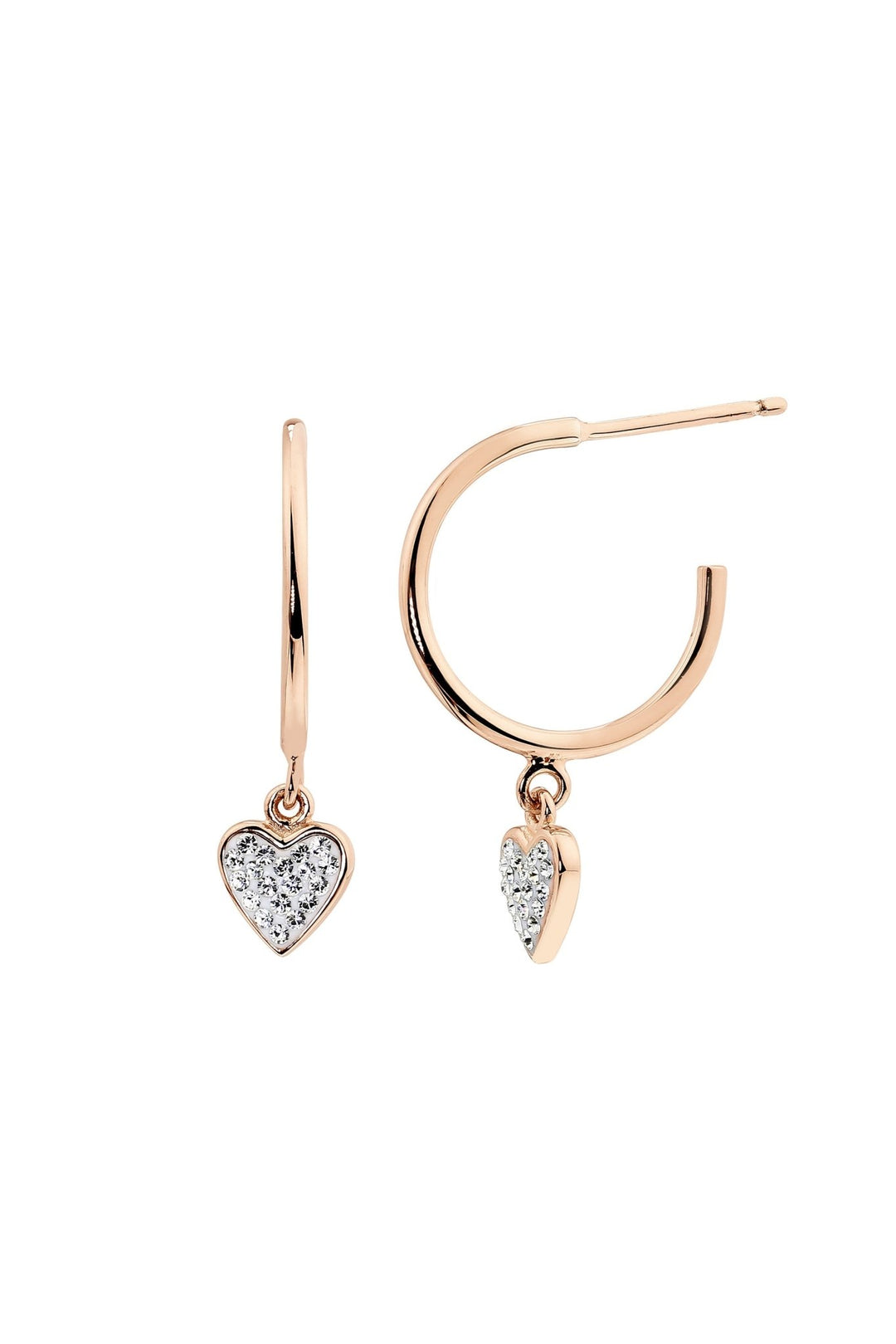 Sterling Silver Rose Gold Crystal Half Hoop Heart Charm Stud EarringsThe Fine CollectiveBA0071544