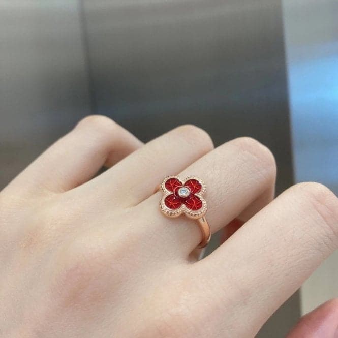 Sterling Silver Rose Gold Plated Adjustable Red Lucky 4 Leaf Ring ERLR006Ellie Rose LondonERLR006