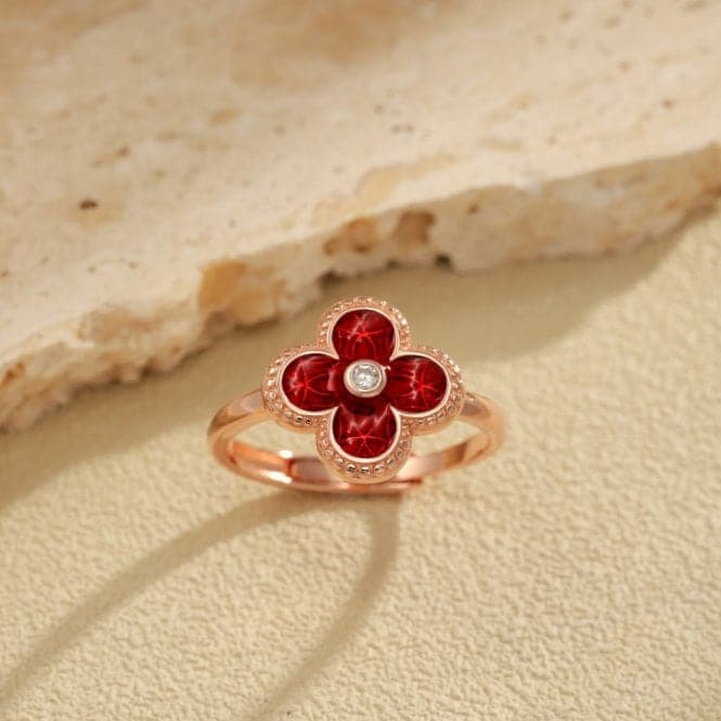 Sterling Silver Rose Gold Plated Adjustable Red Lucky 4 Leaf Ring ERLR006Ellie Rose LondonERLR006