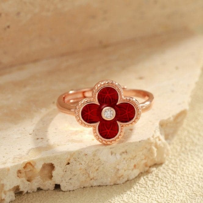 Sterling Silver Rose Gold Plated Adjustable Red Lucky 4 Leaf Ring ERLR006Ellie Rose LondonERLR006