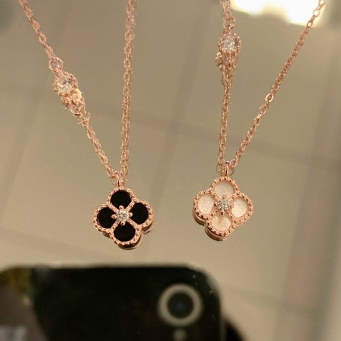 Sterling Silver Rose Gold Plated Black Lucky 4 Leaf Necklace ERLN031Ellie Rose LondonERLN031