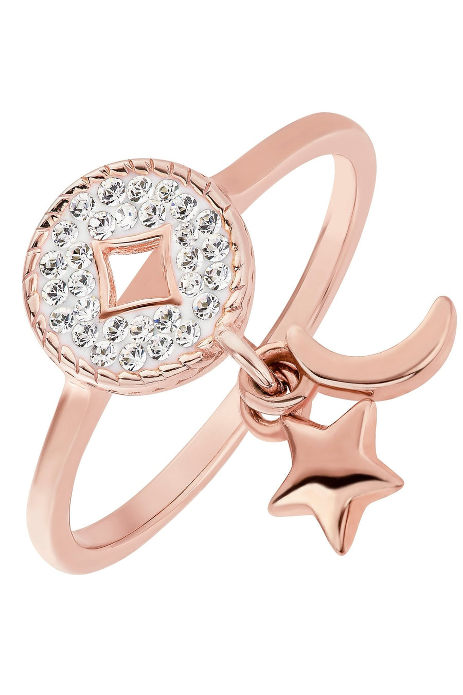 Sterling Silver Rose Gold Plated Crystal Crescent Moon & Star Charm RingThe Fine CollectiveBA0061260 - L