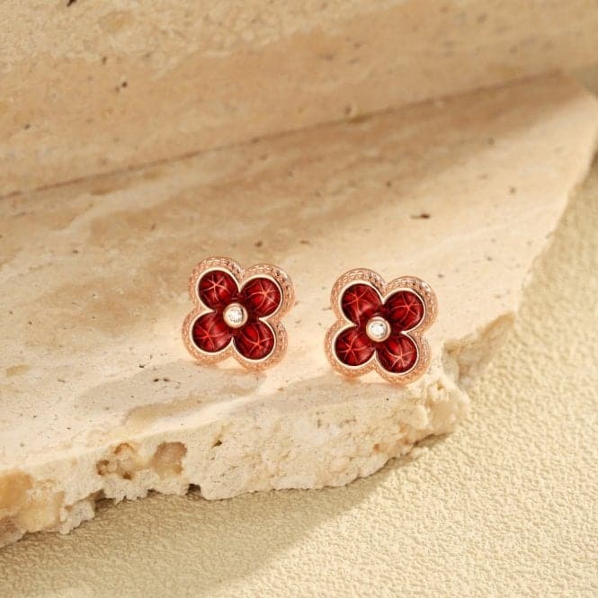 Sterling Silver Rose Gold Plated Red Lucky 4 Leaf Earrings ERLE077Ellie Rose LondonERLE077