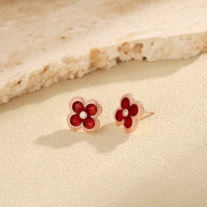 Sterling Silver Rose Gold Plated Red Lucky 4 Leaf Earrings ERLE077Ellie Rose LondonERLE077