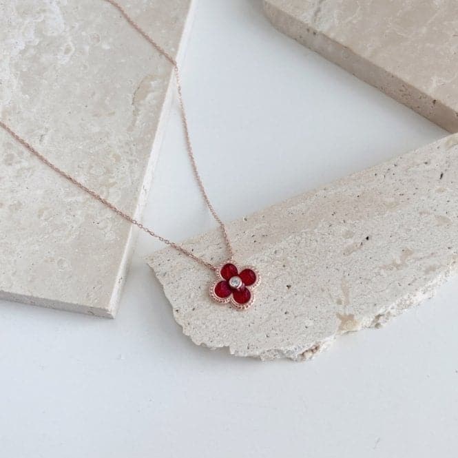 Sterling Silver Rose Gold Plated Red Lucky 4 Leaf Necklace ERLN030Ellie Rose LondonERLN030