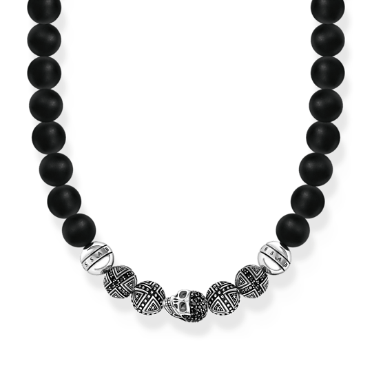 Sterling Silver Skull & Crosses Obsidian Necklace KE1100-159-11