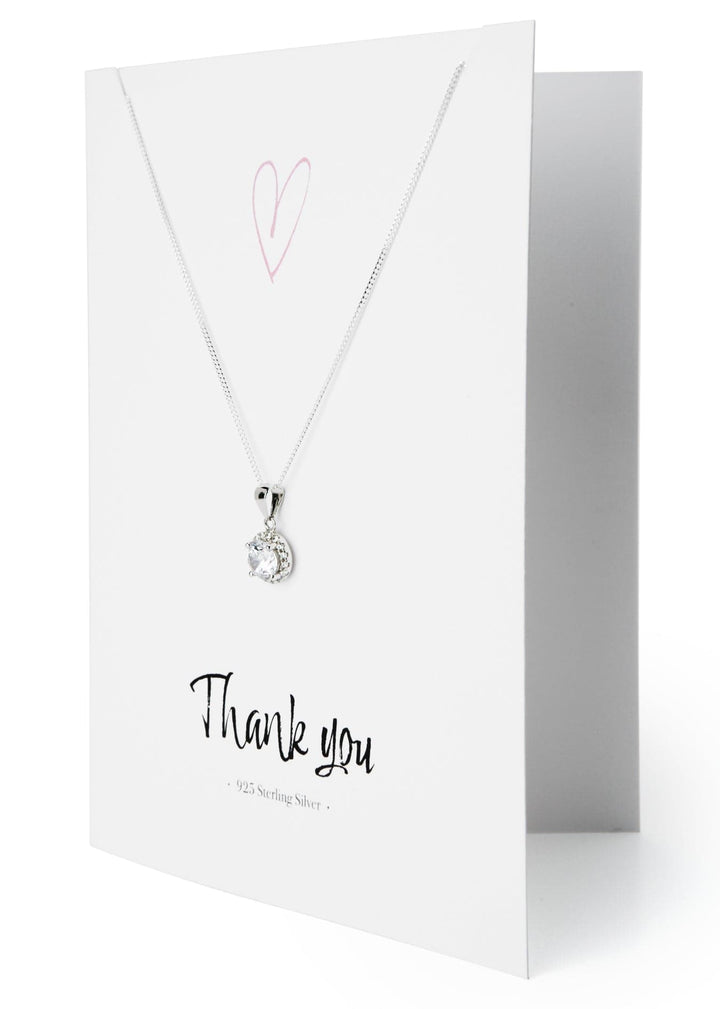 Sterling Silver "Thank You" Greeting Card Cubic Zirconia Halo Pendant NecklaceThe Fine CollectiveBA0052037