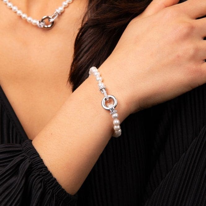 Sterling Silver White Shell Pearl and Clear Cubic Zirconia Bracelet B5472DiamonfireB5472