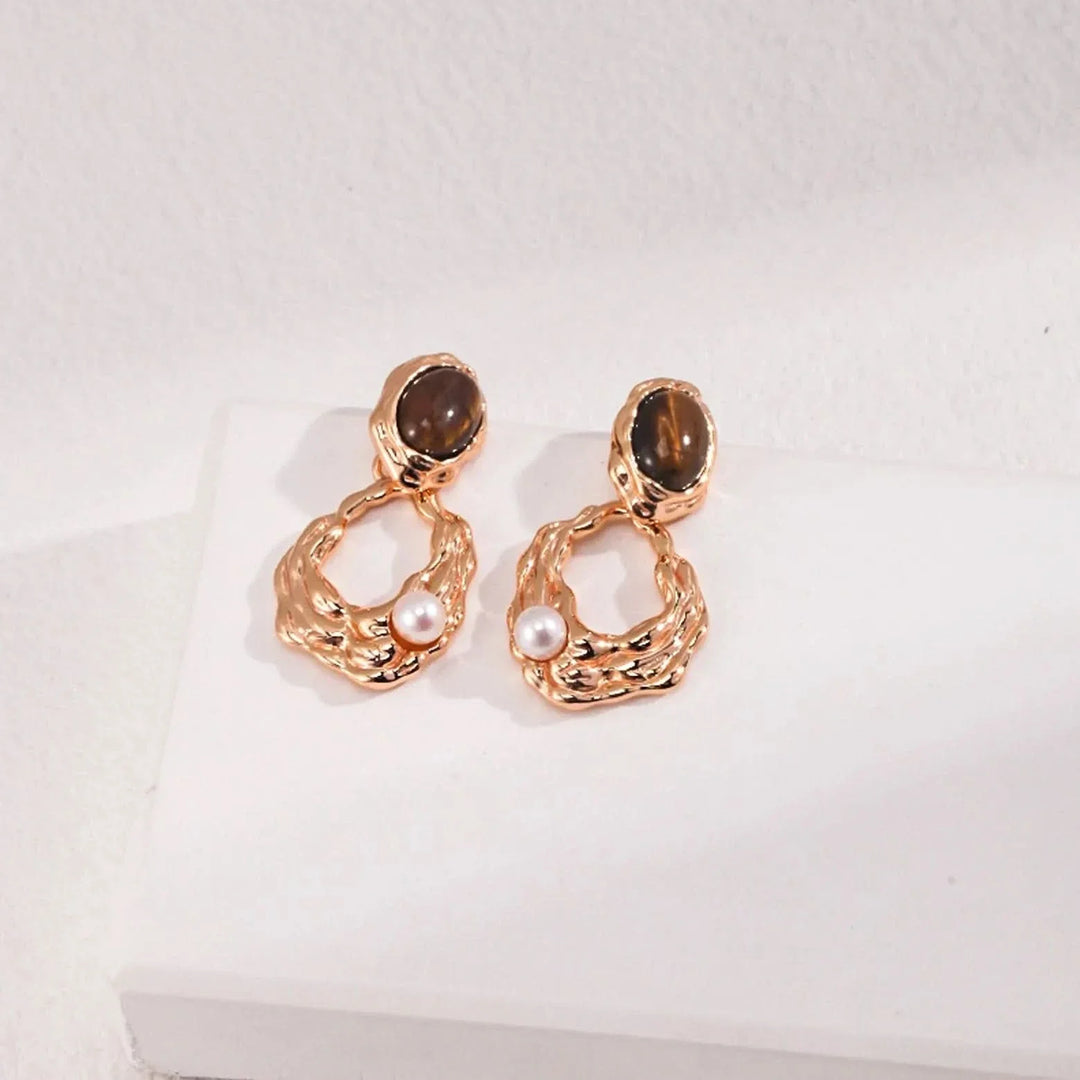 Tiger Eye Stone Seed Pearl Earrings