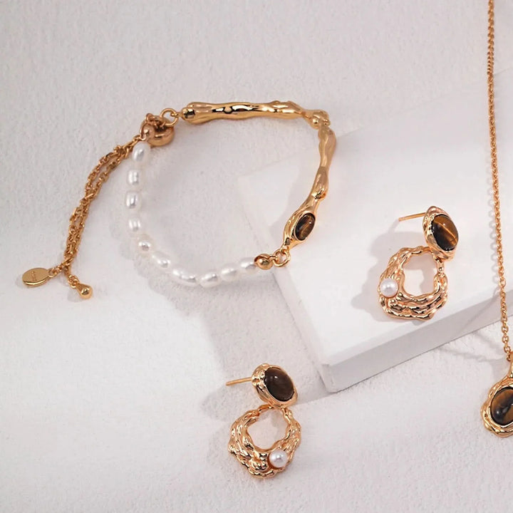 Tiger Eye Stone Seed Pearl Earrings