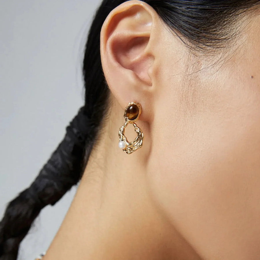 Tiger Eye Stone Seed Pearl Earrings