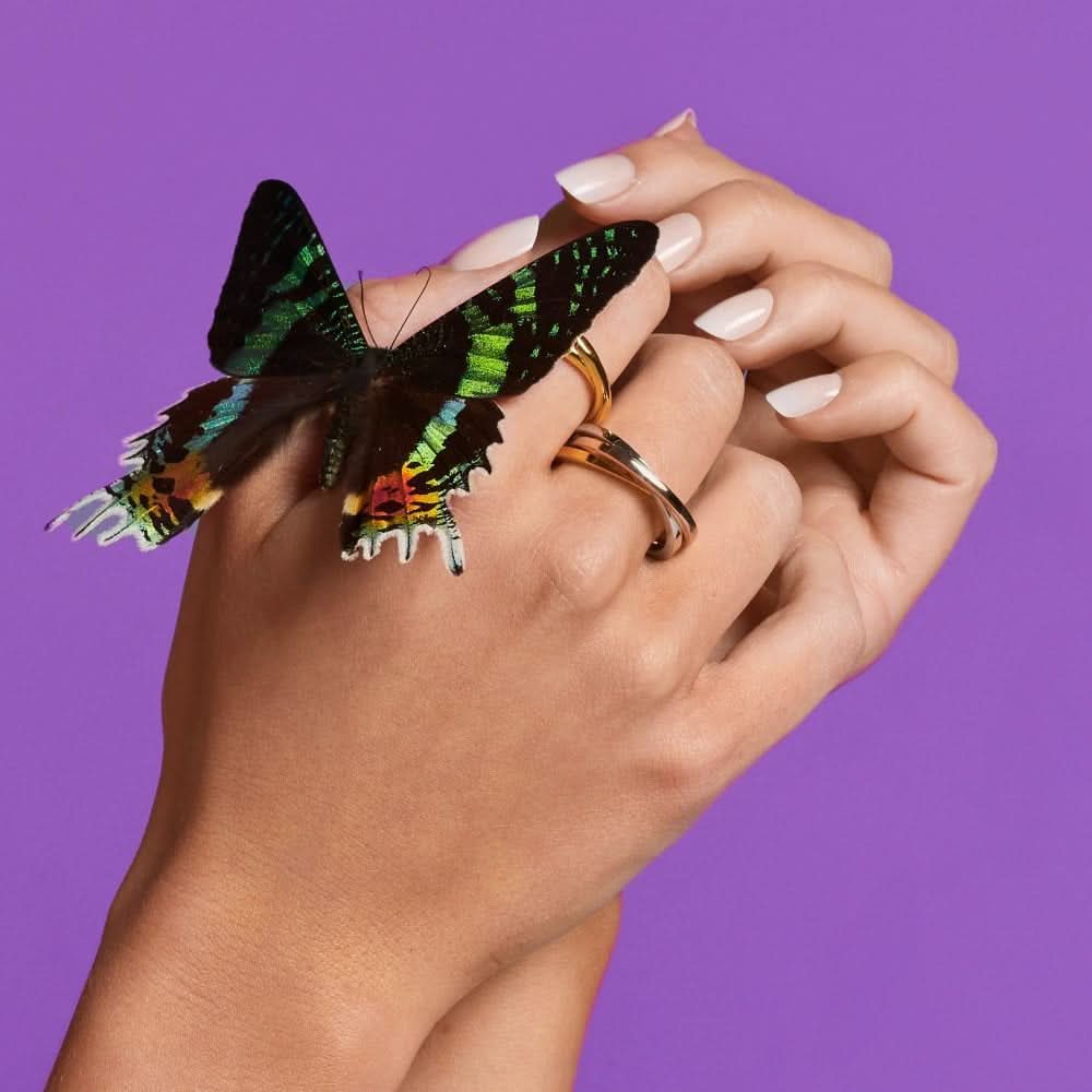 Stylish hand adorned with the Sterling Silver Trio Tri-Colour Ring, complemented by a striking butterfly, set against a vibrant purple background.