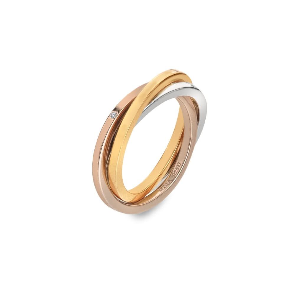 Sterling Silver Trio Tri-Colour Ring featuring interlocked hoops in silver, rose gold, and yellow gold finishes, elegantly displaying a hand-set diamond.