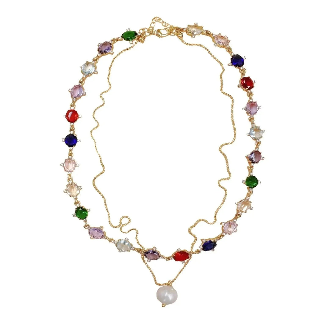 Two-layer Rainbow Crystal Choker Pearl Necklace