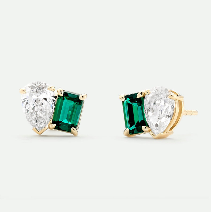 Unity | 9ct Yellow Gold 1.30ct tw. Lab Grown Diamond and Created Emerald Toi et Moi Stud EarringsCreated BrillianceBA0074491