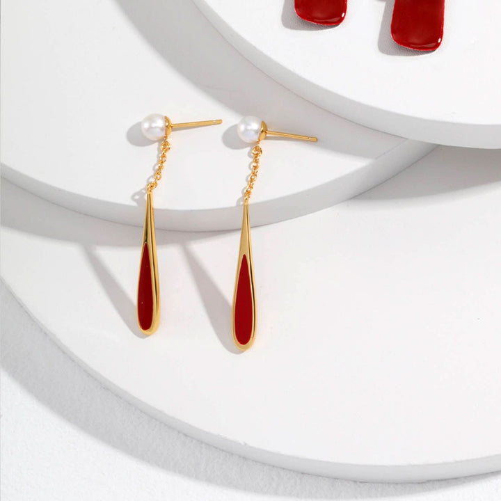 Waterdrop Red Drip Glaze Pearl Earrings