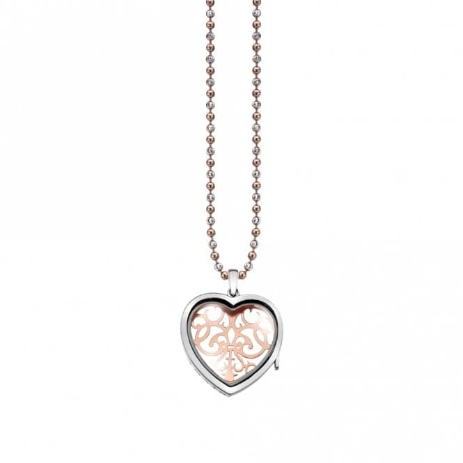 a necklace with a heart shaped pendant on a ball chain