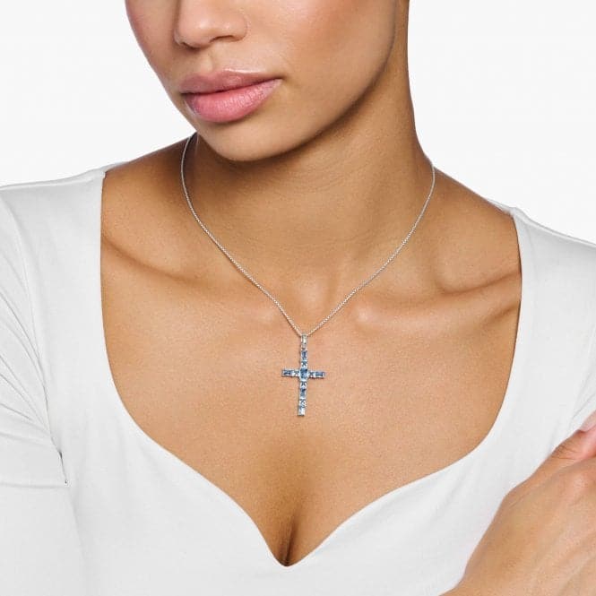 Sterling Silver Aquamarine Coloured Cross Pendant PE939-009-1